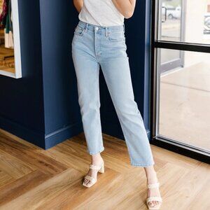 New Re/Done 70's Stove Pipe High Rise Waist Straight Leg Crop Light Wash Vintage